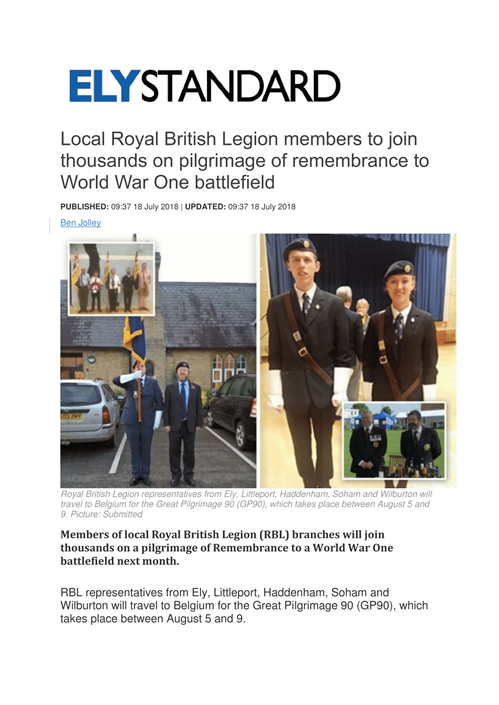 Local Royal British Legion Members To Join Thousands On Pilgrimage Of Remembrance To World War One Battlefield -1