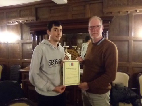 Cadet Sergeant Stephen Gow receiving a Branch Certificate of Appreciation fron Branch Chairman Jon Weighill