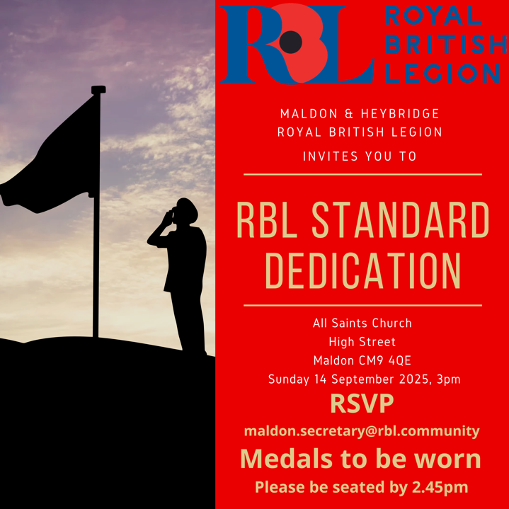 Sunday 14 September 25, 3pm (be seated by 2.45pm) Royal British Legion Branch Standard dedication